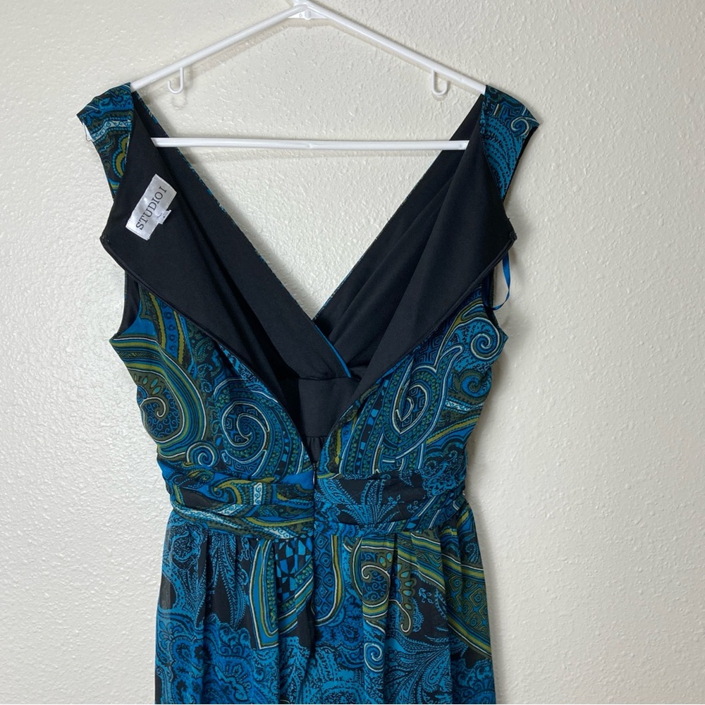 Studio I Paisley Midi Dress Blue  Green Sleeveless Empire Waist Pleated Sz 8 - Picture 15 of 16